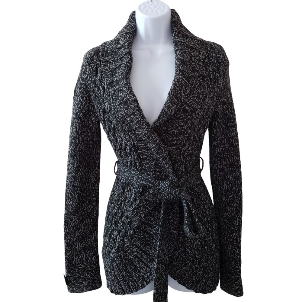 DKNY Jeans, Long Sleeve Belted Sweater, Shawl Collar, One Button, Black/Gray, XS
